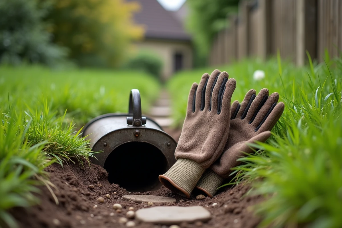Piège à taupe posé à l'entrée d'un tunnel dans une pelouse de jardin