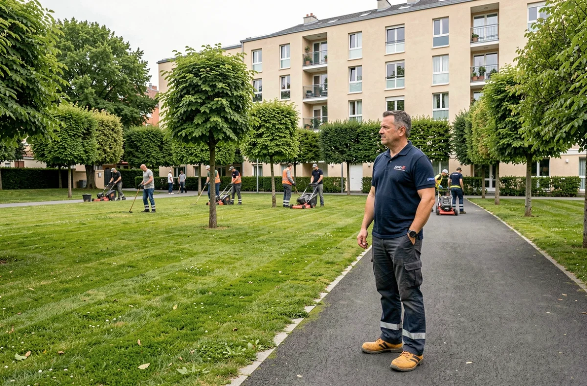 Chef d'équipe de Pinson Paysage supervisant l'entretien des espaces verts d'une copropriété