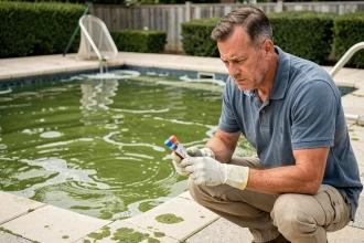 Homme testant la qualité de l'eau d'une piscine verte envahie par les algues avec un kit de test colorimétrique