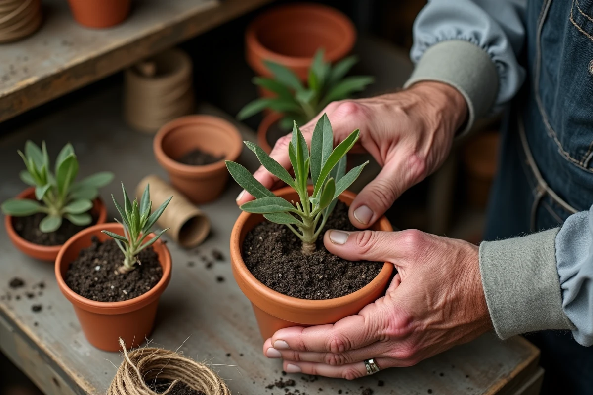 Mains expérimentées plantant une bouture de lavande dans un pot en terre cuite sur un établi de jardinage en bois