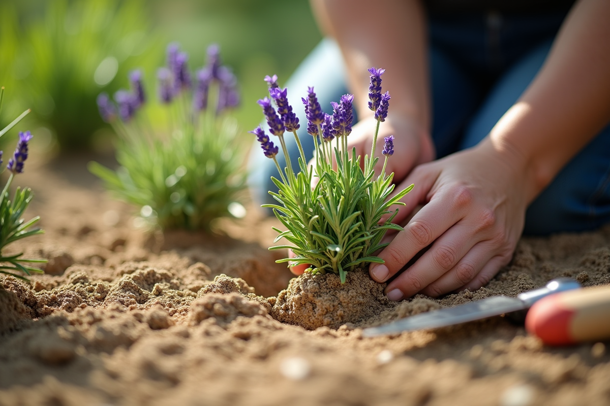 Jardinier plantant de la lavande et du romarin dans le sol sableux