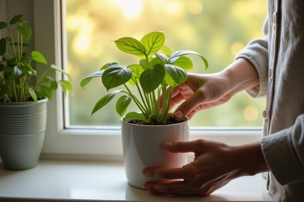 Main plaçant un pothos dans l'eau sous lumière naturelle