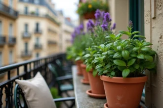 Balcon parisien avec des pots de lavande, basilic et mélisse en terracotta pour repousser les mouches naturellement