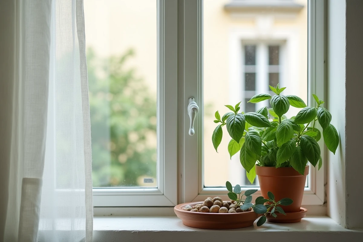 Rebord de fenêtre de cuisine avec des pots de basilic et clous de girofle en céramique pour repousser les mouches à l'intérieur
