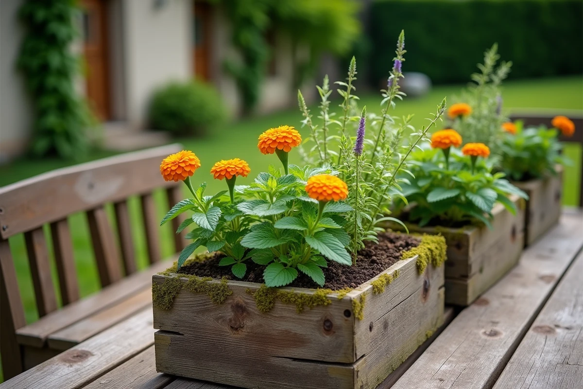 Terrasse en bois avec jardinières de menthe, romarin et soucis pour éloigner les mouches autour d'une table de jardin