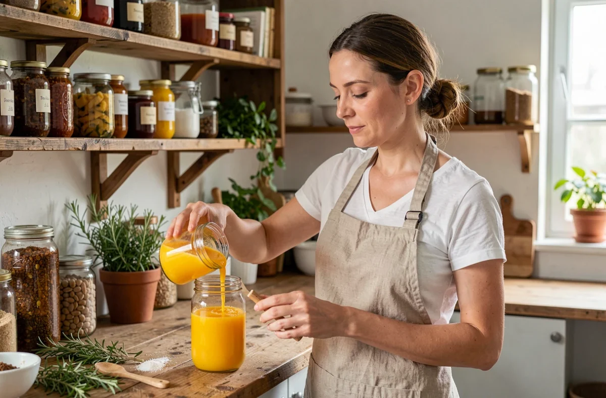 Femme préparant un appât attractif pour piège à guêpes dans une cuisine rustique avec des ingrédients naturels comme le jus de fruit et le sucre