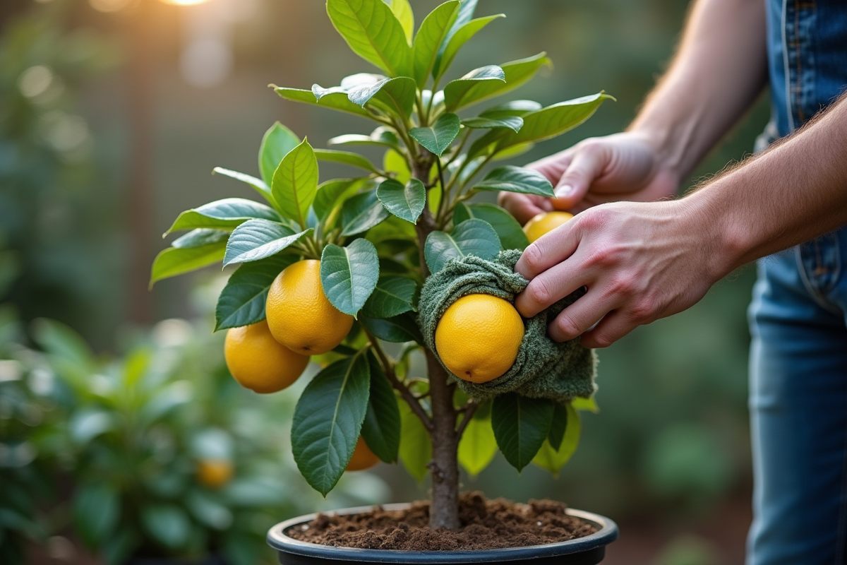 Main attachant une couverture de protection au citronnier