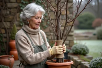 Femme enroulant de la toile de jute autour d'un hibiscus en pot pour le protéger du gel en hiver sans serre