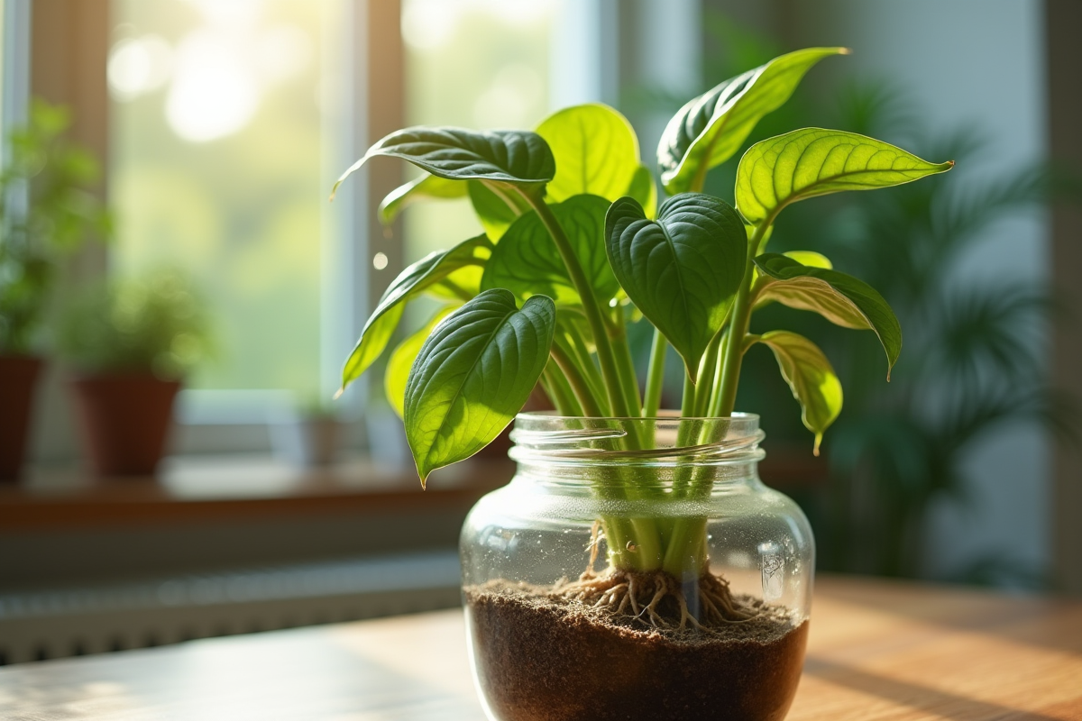 Racines saines de pothos dans un verre en lumière du jour