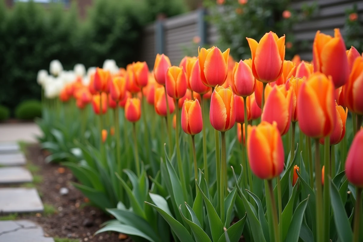 Rangées de tulipes oranges, rouges et blanches en pleine floraison dans un jardin illustrant la diversité des couleurs et leur signification