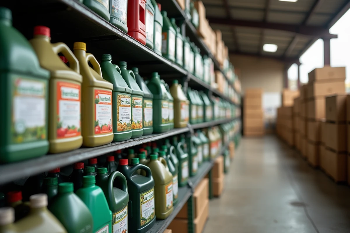 Rayonnage d'une coopérative agricole espagnole avec des herbicides en format 1 litre, comparaison des désherbants modernes