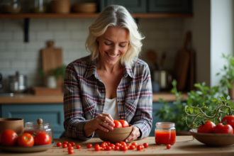 Femme récoltant des graines de tomates mûres dans la cuisine