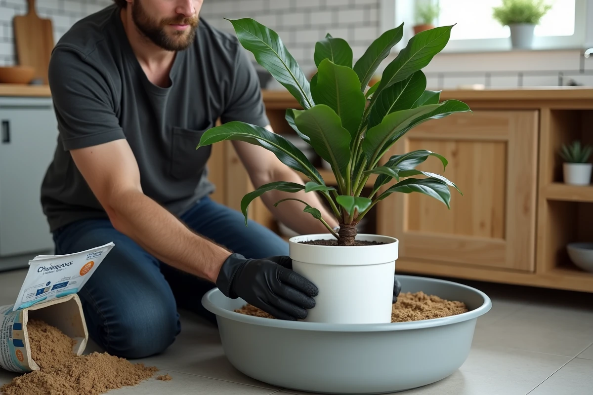 Homme en train de placer un ficus benjamina dans un nouveau pot en céramique blanche, entourant les racines de terreau frais mélangé à du perlite sur un sol carrelé