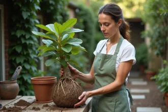 Femme rempotant un ficus benjamina en extérieur, dévoilant les racines du plant au-dessus d'un pot en terre cuite sur une table de jardinage en bois