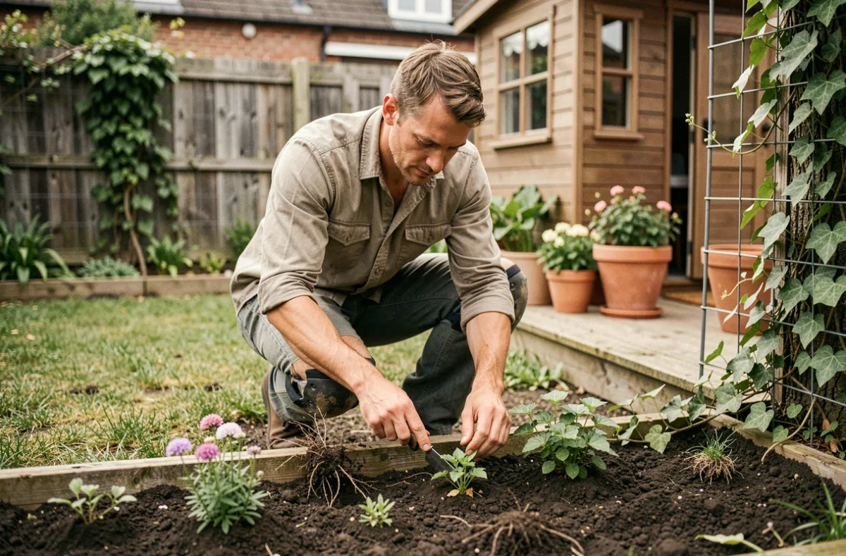 Jardinier de Répar'Jardin effectuant des petits travaux d'entretien dans un jardin urbain