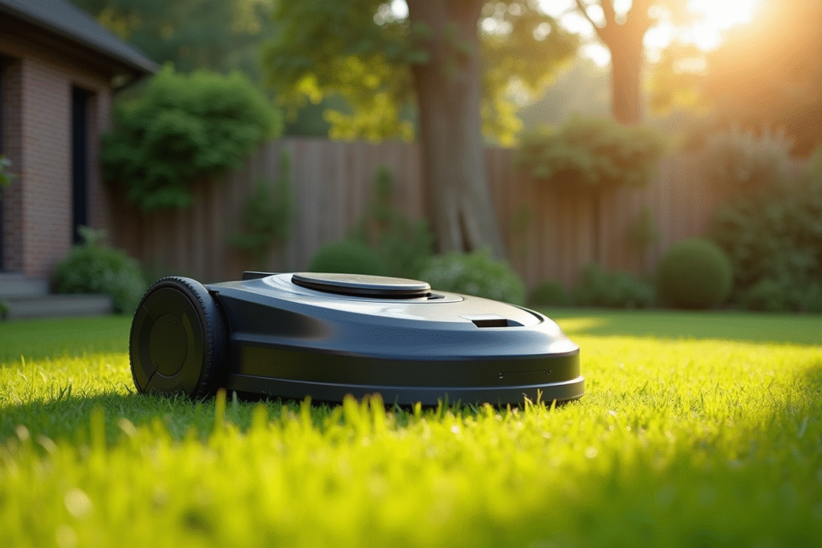 Tondeuse robot électrique dans un jardin vert ensoleille