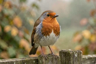 Rouge-gorge perché sur un vieux poteau de clôture en bois dans un jardin automnal brumeux, symbolique et rêve