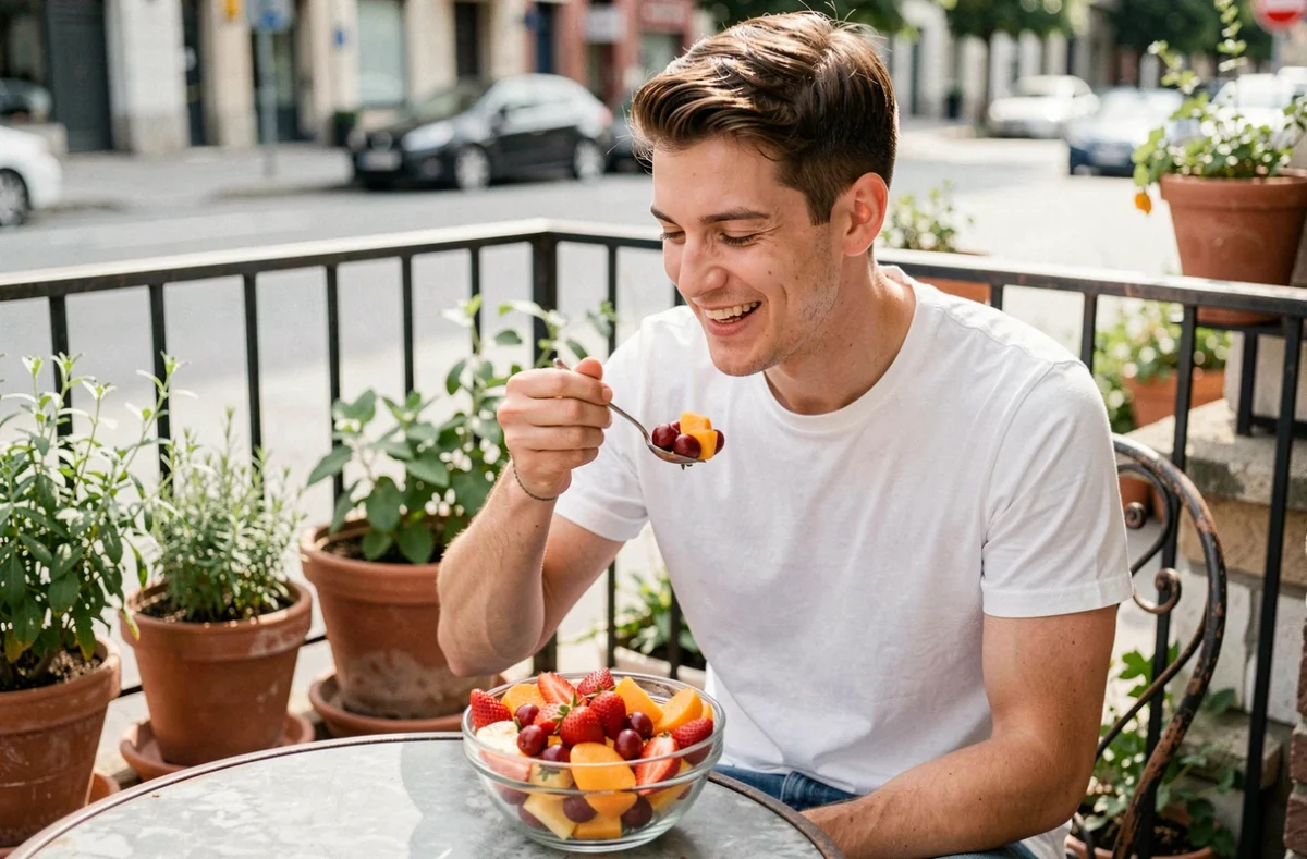 Jeune homme savourant une salade de fruits frais de saison en juin sur une terrasse urbaine, repas économique et sain à base de fraises, cerises et abricots
