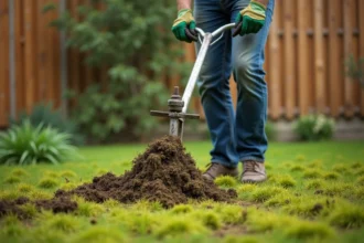 Homme en train de scarifier une pelouse envahie par la mousse avec un scarificateur manuel dans un jardin