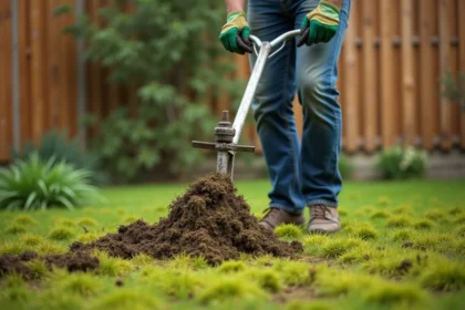 Homme en train de scarifier une pelouse envahie par la mousse avec un scarificateur manuel dans un jardin