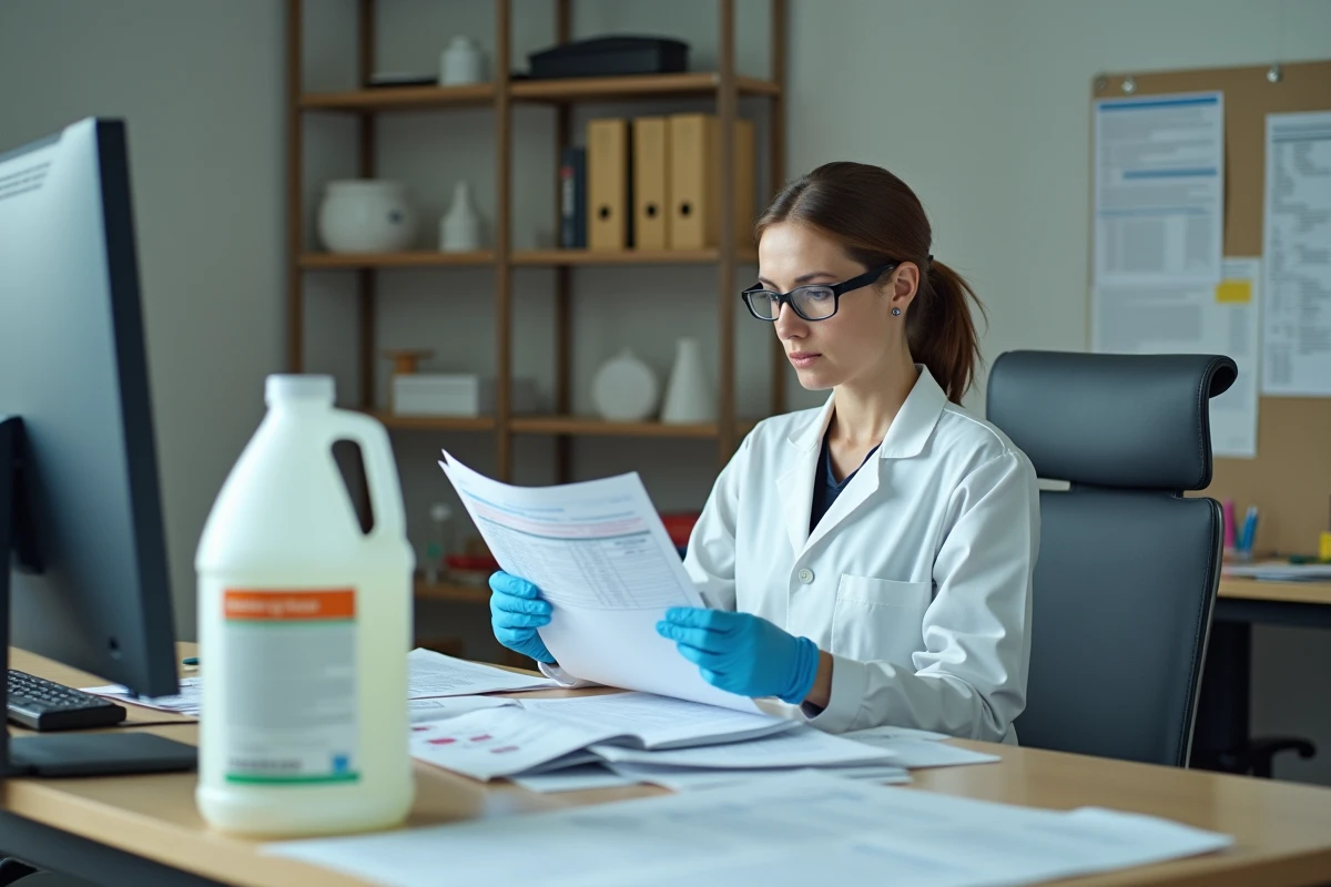 Scientifique analysant des documents réglementaires sur le glyphosate avec un bidon de 5 litres sur son bureau
