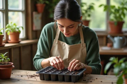 Femme réalisant des semis de tomates en intérieur dans un plateau alvéolé rempli de terreau humide