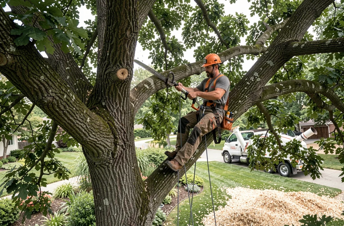 Arboriste de Serpe Environnement réalisant des travaux d'élagage sur un grand arbre dans le 94