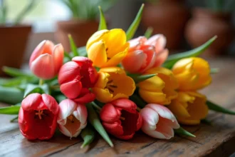 Arrangement de tulipes rouges, jaunes, roses et blanches sur une table en bois rustique illustrant la signification des couleurs