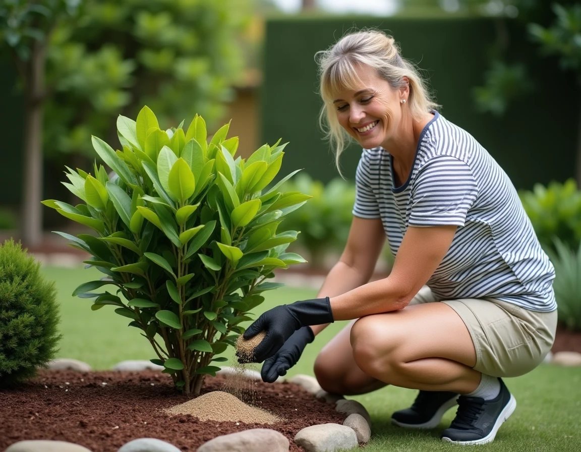 Femme appliquant un engrais adapté au pied d'un laurier rose pour mettre en place la solution de traitement appropriée