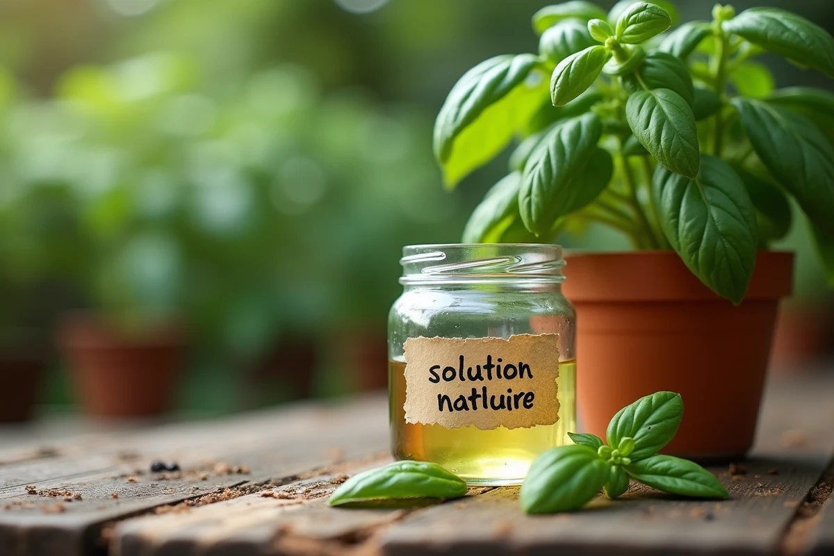 Solution naturelle maison dans un bocal en verre posé près d'un pot de basilic avec feuilles abîmées par des chenilles