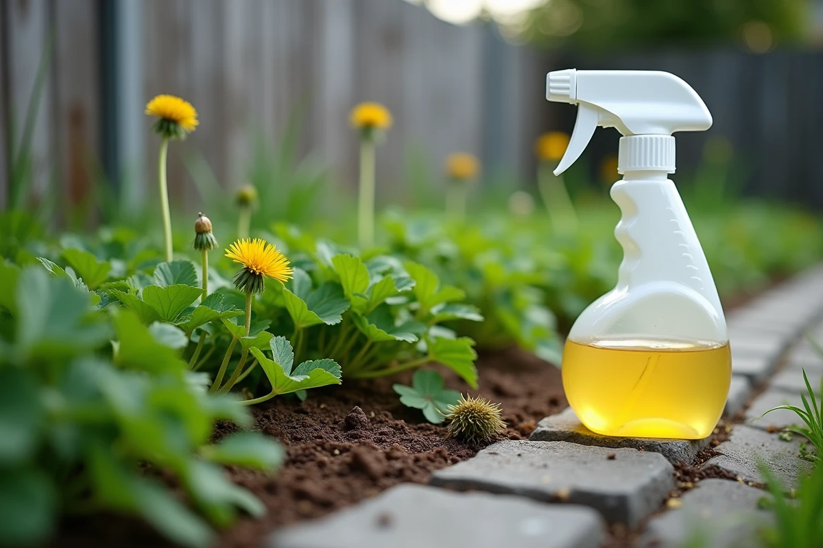 Spray de vinaigre posé près de mauvaises herbes dans un jardin, méthode de désherbage naturel