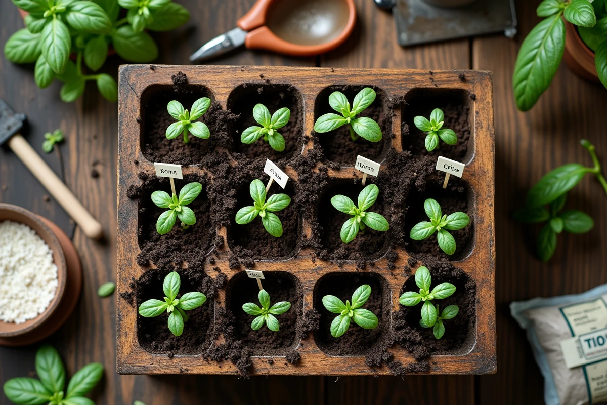Plateau de semis de tomates montrant différents stades de germination avec étiquettes variétales