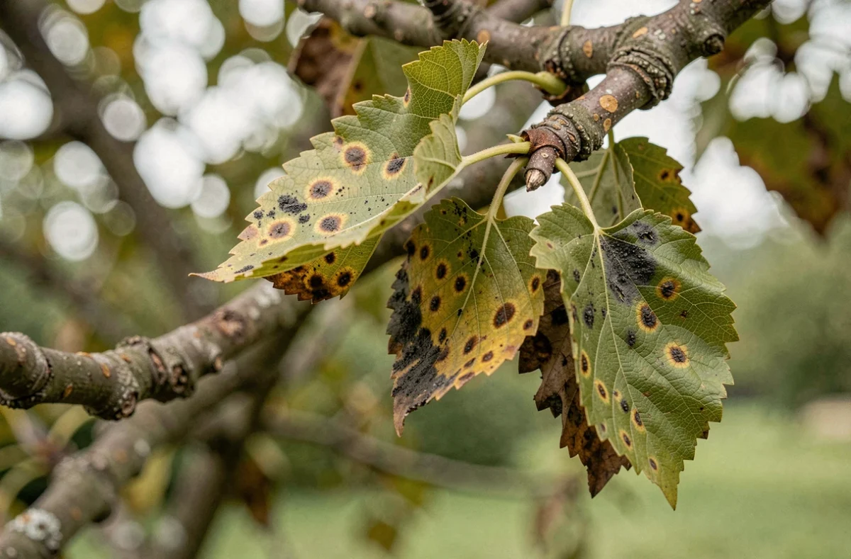 Gros plan sur des feuilles de mûrier platane présentant des taches nécrotiques, rouille et oïdium symptômes de maladie