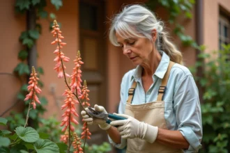 Jardinière taillant un arbre à crevette dans une cour méditerranéenne en été