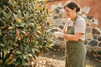 Femme taillant un laurier stressé par la chaleur dans un jardin de pierre, avec sécateur en main et feuilles brûlées visibles
