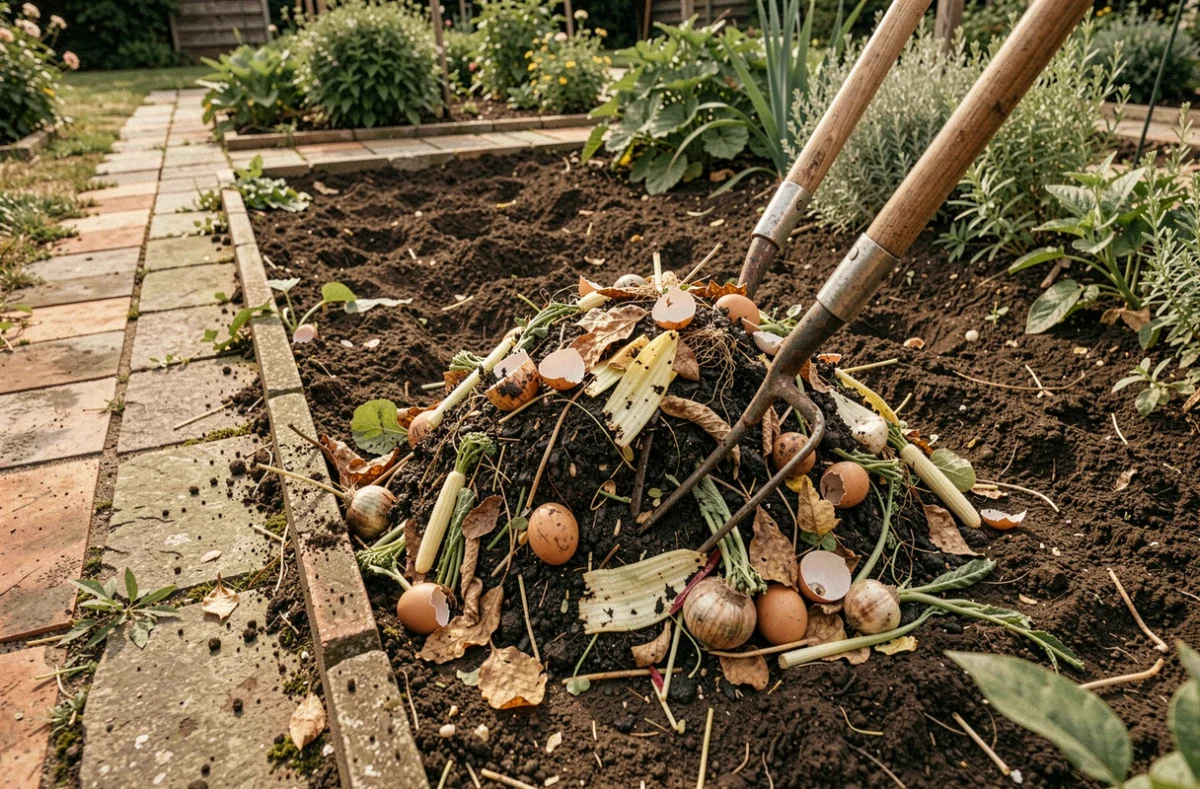 Tas de compost avec déchets organiques et humus sombre prêt à enrichir la terre d'un potager
