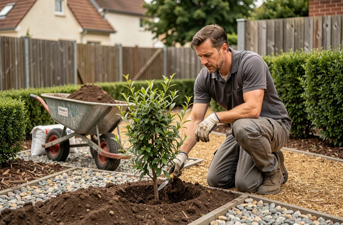 Paysagiste de Terra Nature Paysagiste plantant des arbustes dans un jardin nouvellement aménagé dans le Choletais en Maine-et-Loire