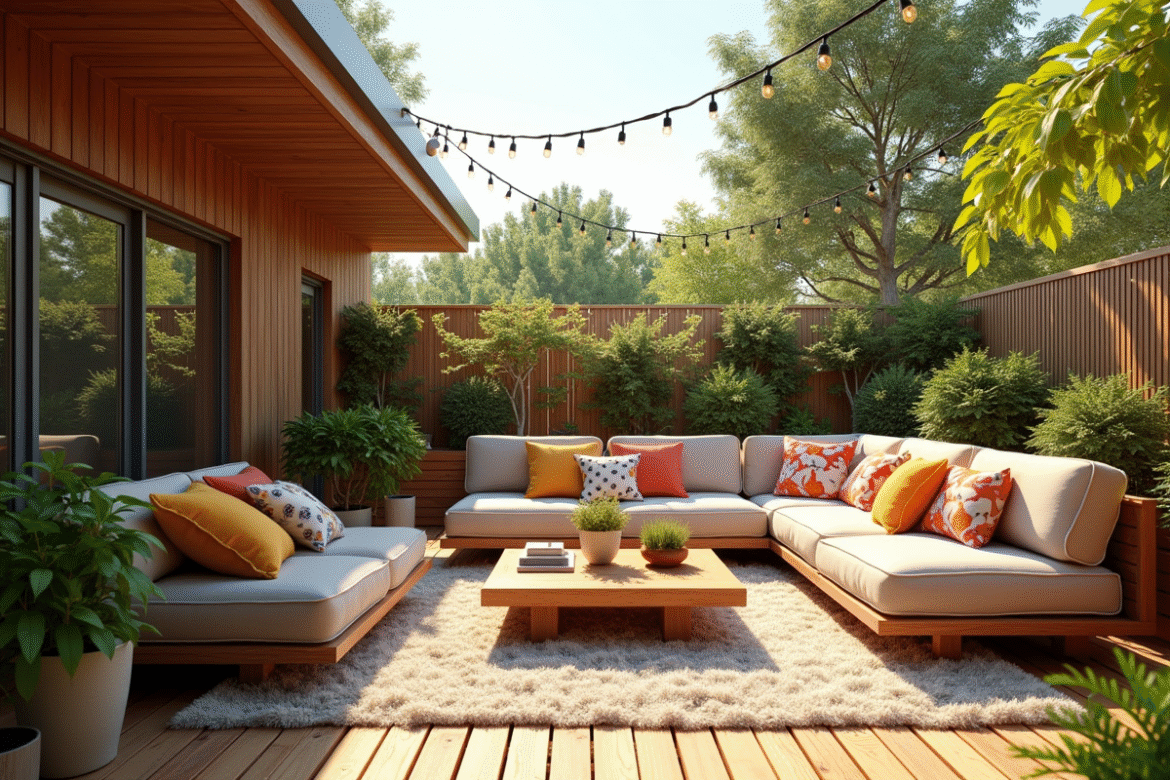Terrasse en bois moderne avec mobilier cosy et lumières d'été