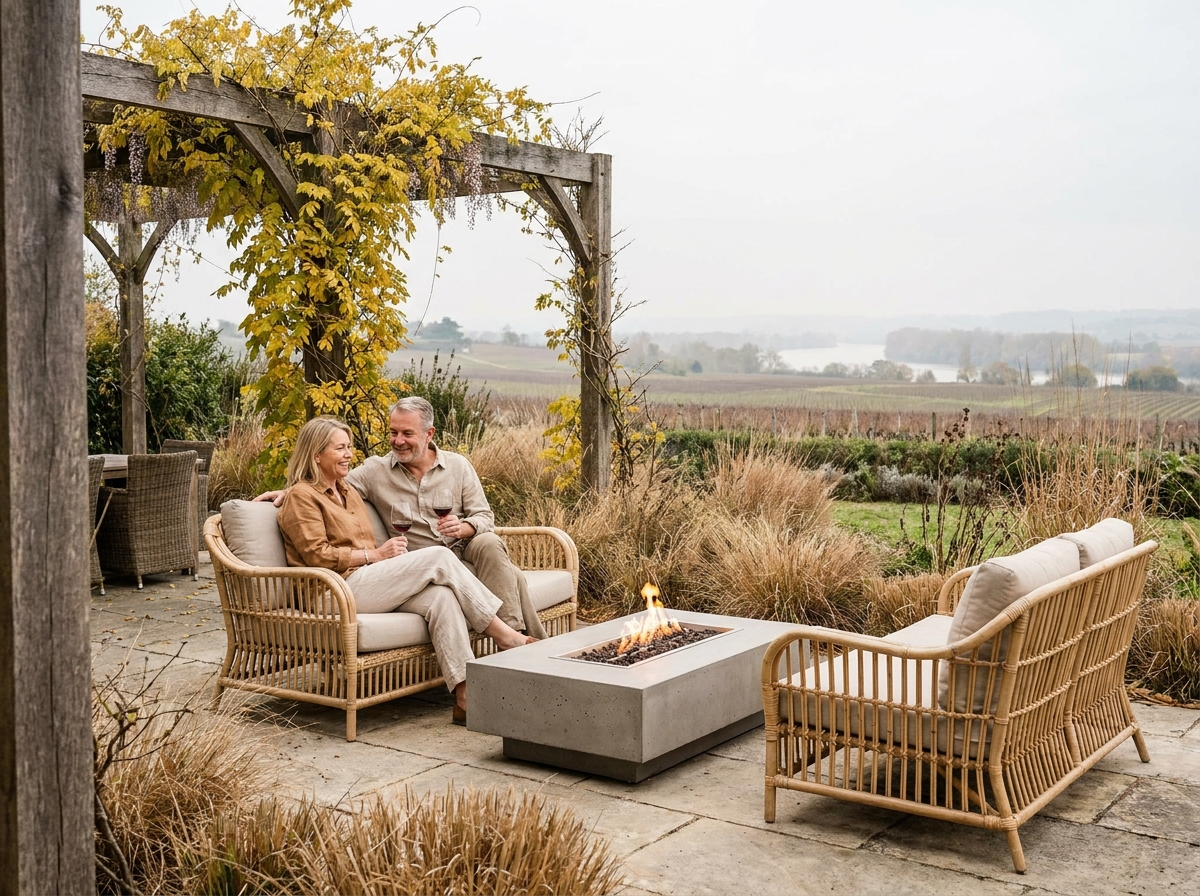 Couple profitant d'une terrasse aménagée avec pergola et graminées dans un jardin à Bordeaux en automne