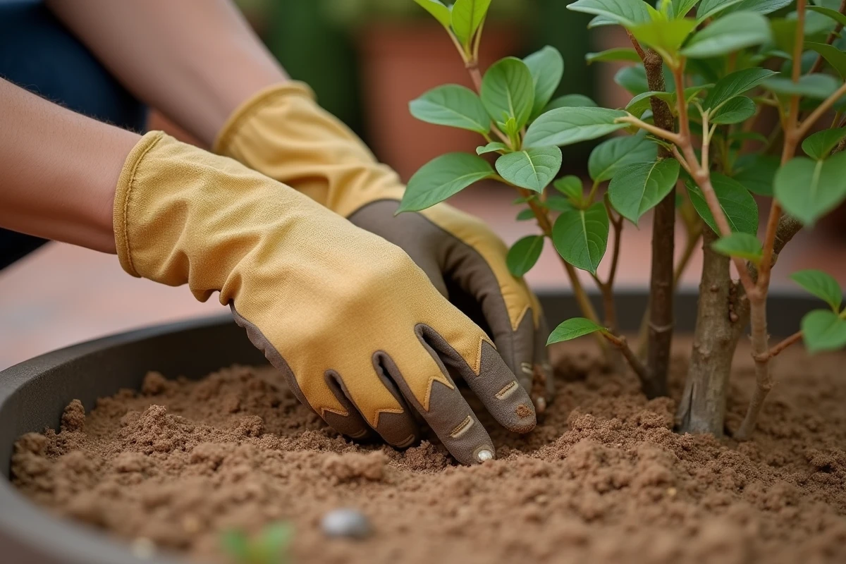 Jardinière testant l'humidité du sol d'un bougainvillier avec ses doigts gantés pour éviter l'arrosage excessif
