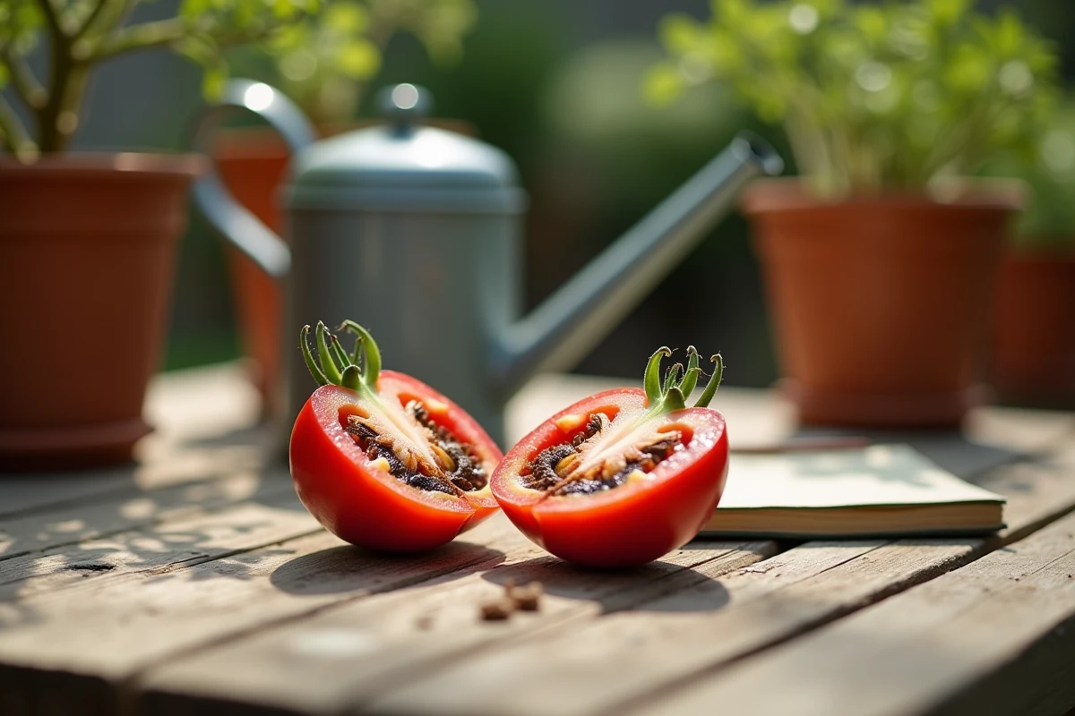 Tomate coupée en deux révélant une dégradation interne brune sur une table de jardin avec arrosoir et carnet de notes