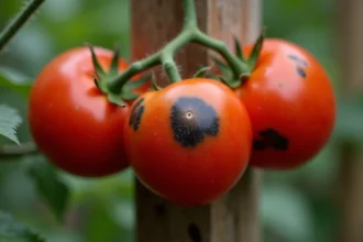 Tomates sur pied avec taches noires caractéristiques d'une maladie ou d'un arrosage irrégulier dans un potager