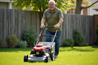 Homme tondant sa pelouse le dimanche matin avec une tondeuse à essence dans un jardin suburban