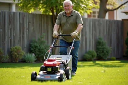 Homme tondant sa pelouse le dimanche matin avec une tondeuse à essence dans un jardin suburban