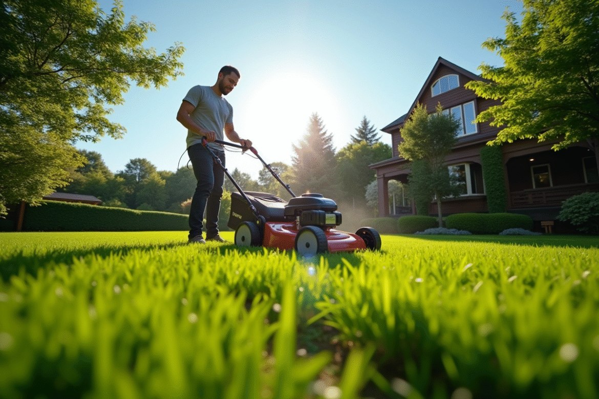 Homme tondant une pelouse verte en jardin ensoleille