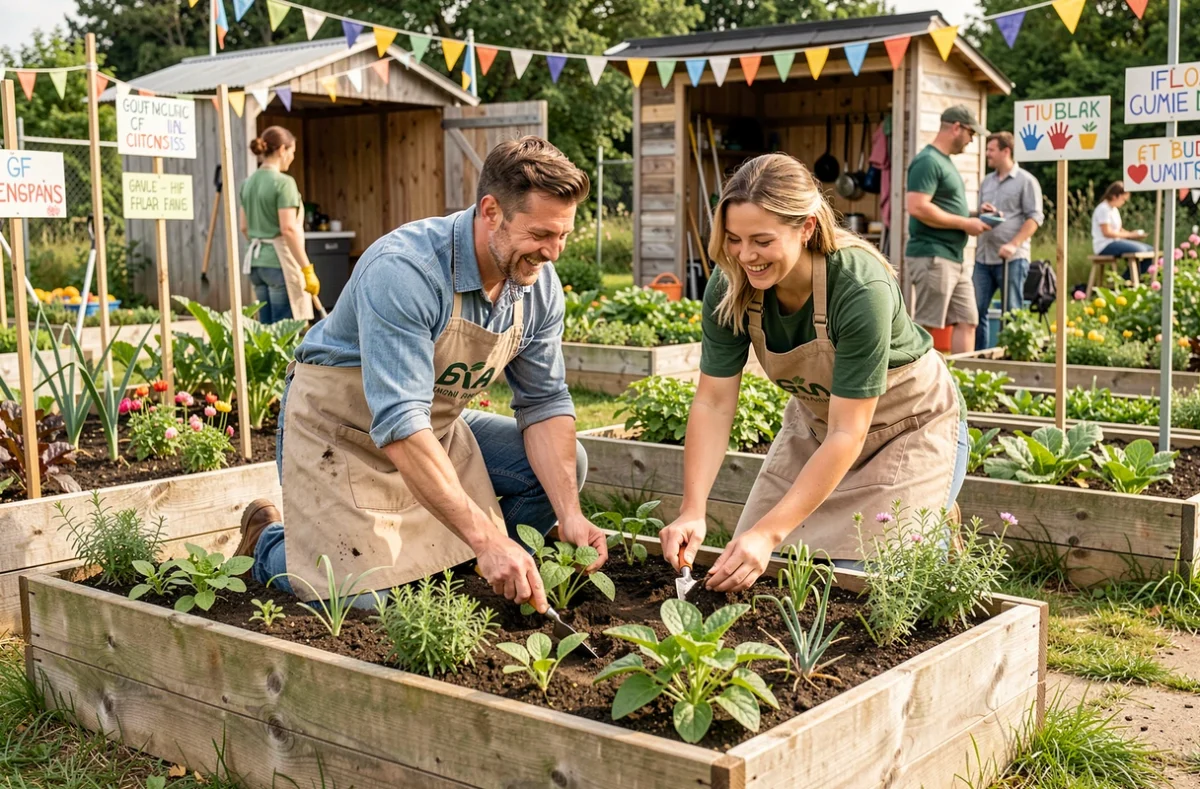 Duo de jardiniers de Tous au Jardin collaborant dans un potager communautaire avec bacs en bois surélevés, semis et ambiance conviviale
