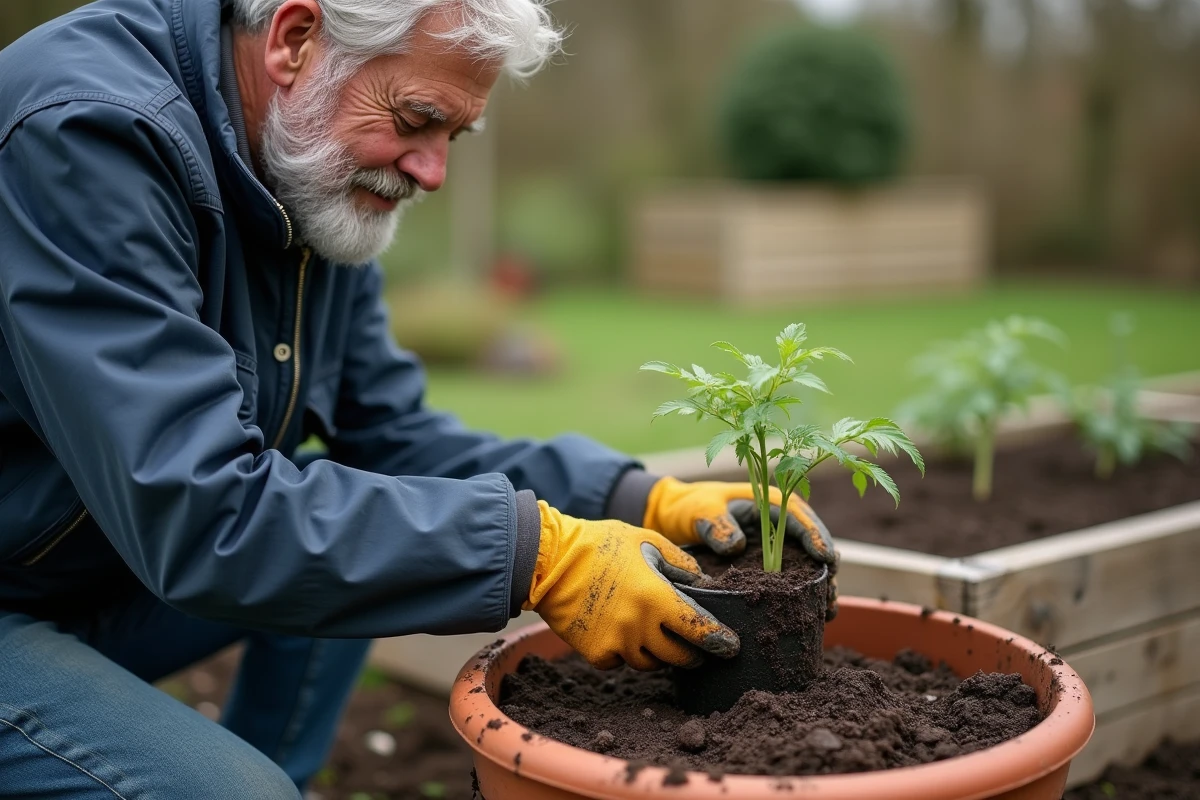 Homme âgé transplantant un plant de tomate dans un grand pot en terre cuite au jardin au printemps