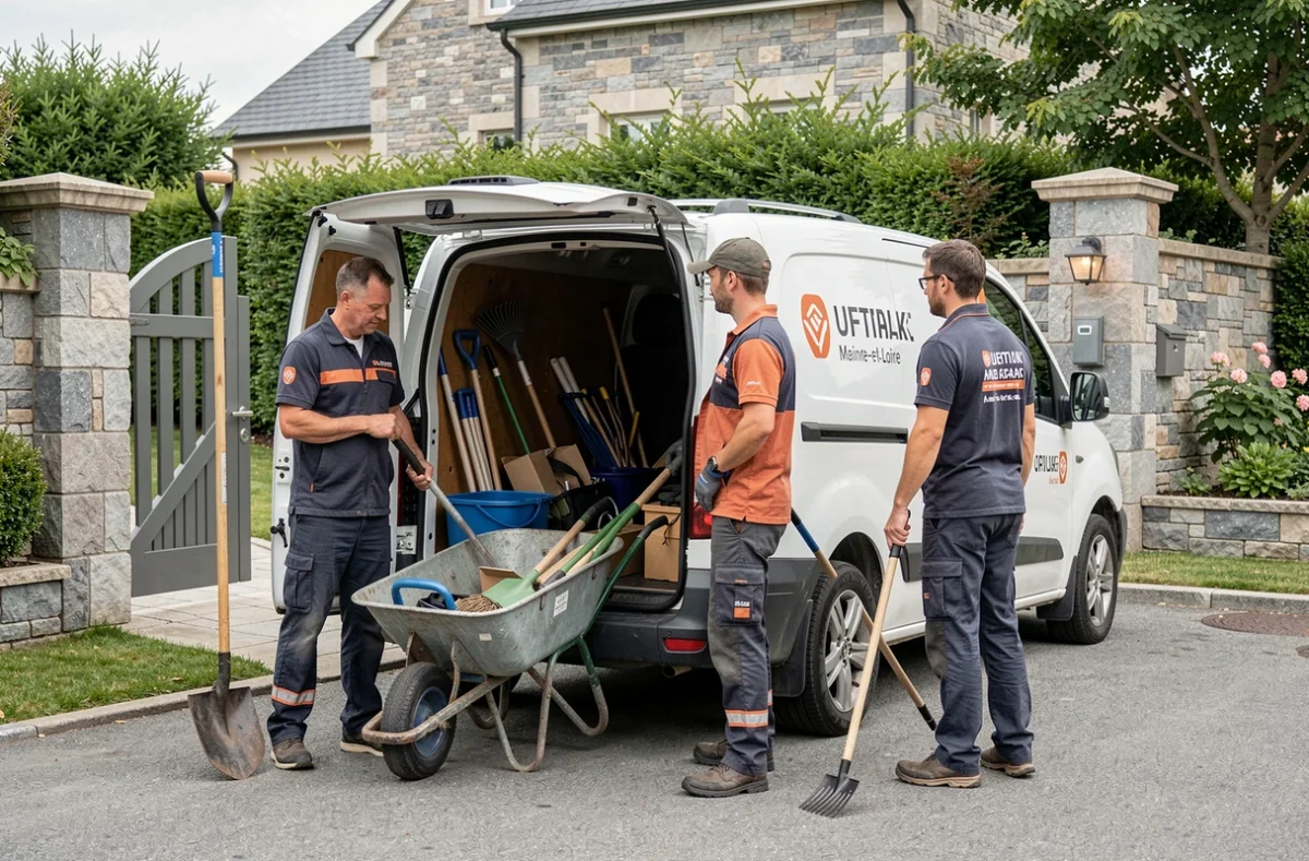 Équipe de l'entreprise paysagiste Tremblay déchargeant du matériel d'un véhicule utilitaire devant une propriété résidentielle en Maine-et-Loire