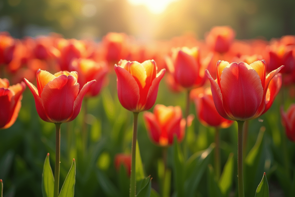 Massif de tulipes en fleurs dans un jardin en avril