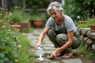 Femme versant du vinaigre blanc sur des mauvaises herbes entre des pavés de jardin